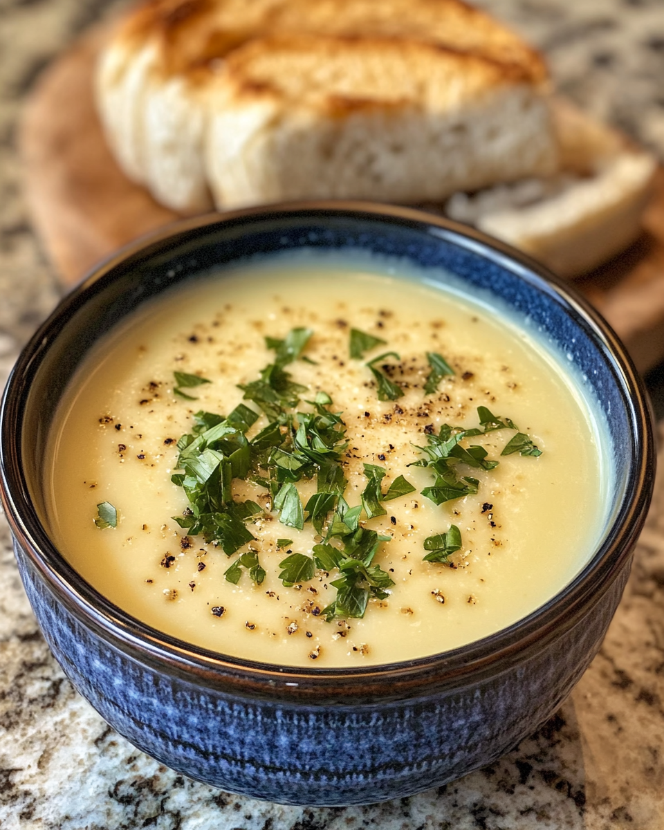 Creamy roasted garlic soup in a bowl with garnish