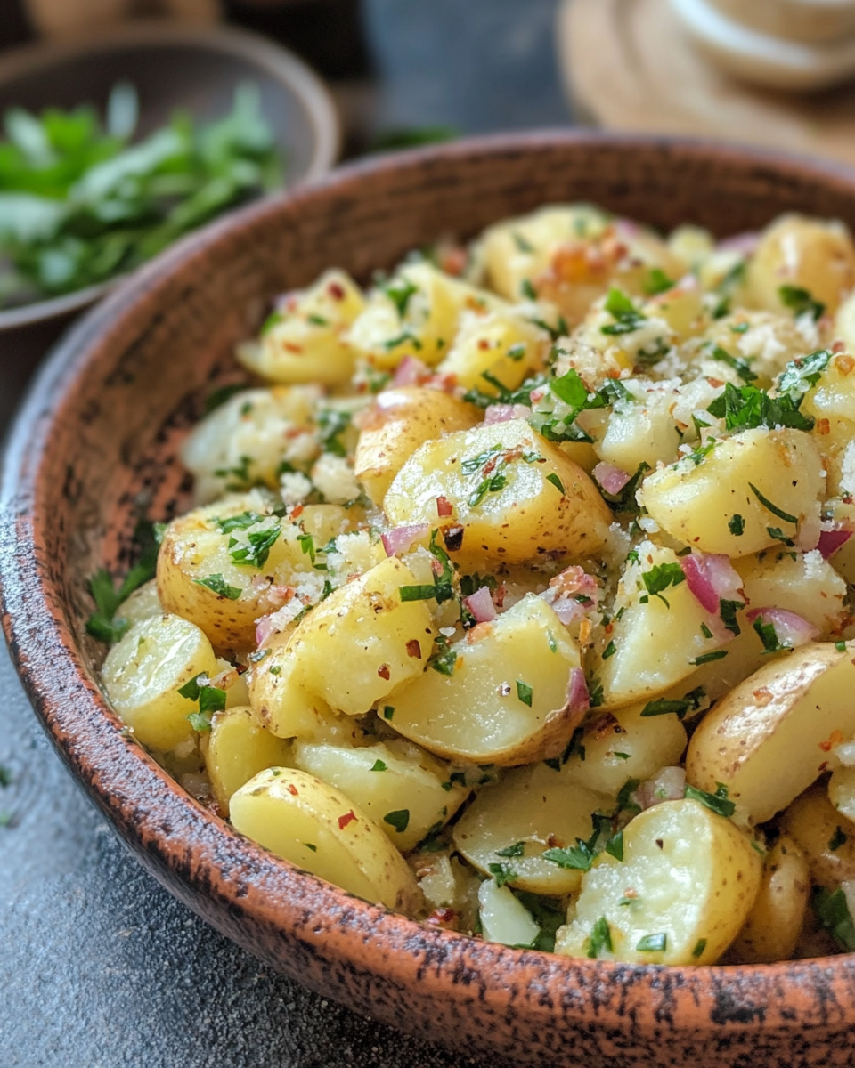 Stirring German Potato Salad in skillet