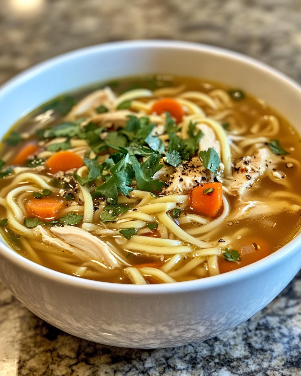 Serving of Chicken Noodle Soup with bok choy and noodles