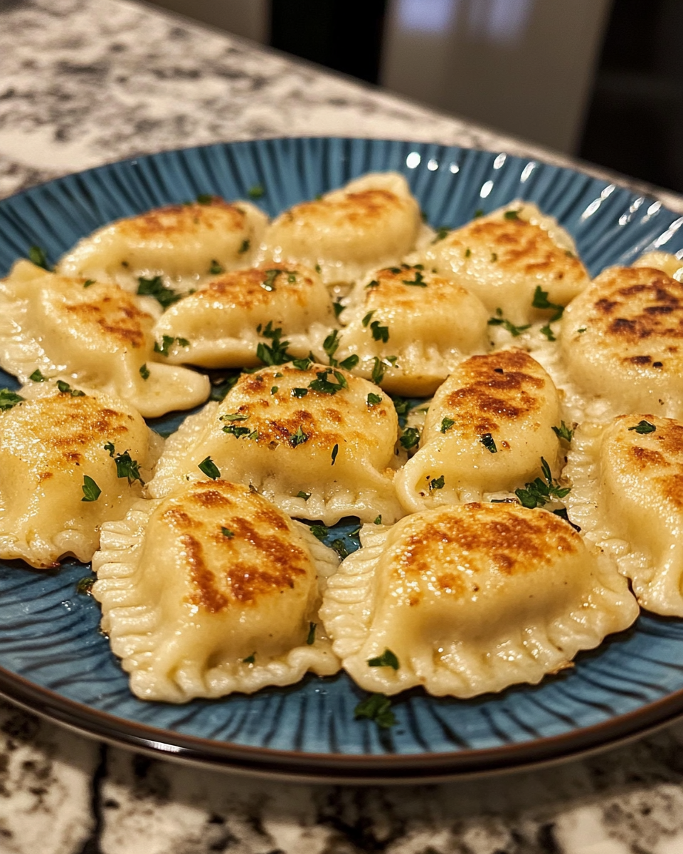 cooked gluten free pierogi with golden edges