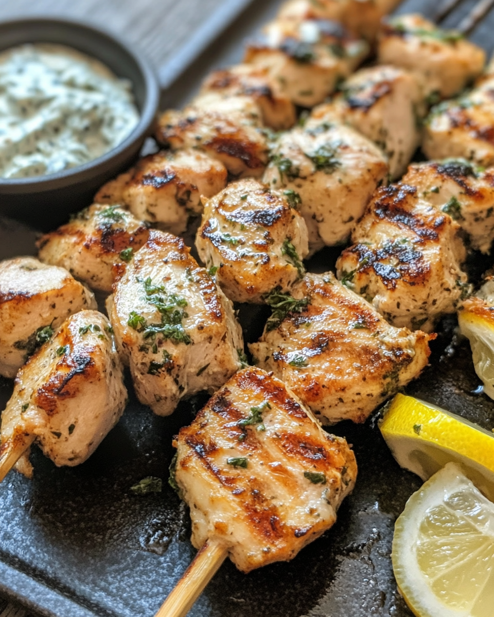 Close-up of grilled Greek chicken souvlaki skewers
