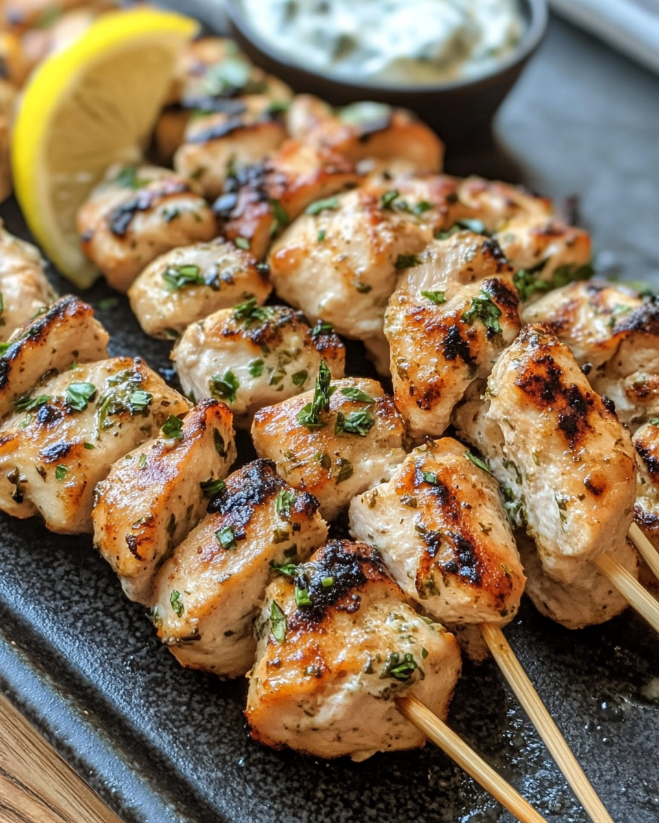 Served Greek chicken souvlaki with tzatziki sauce and pita bread