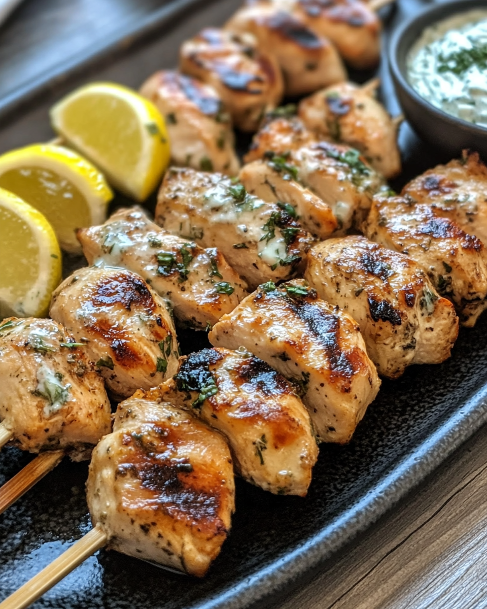Greek chicken souvlaki with tzatziki sauce on a plate