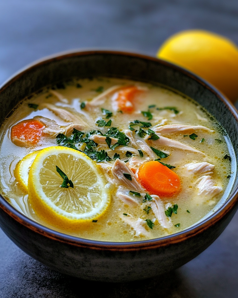 Creamy Greek lemon chicken soup in bowl with herbs on wooden table