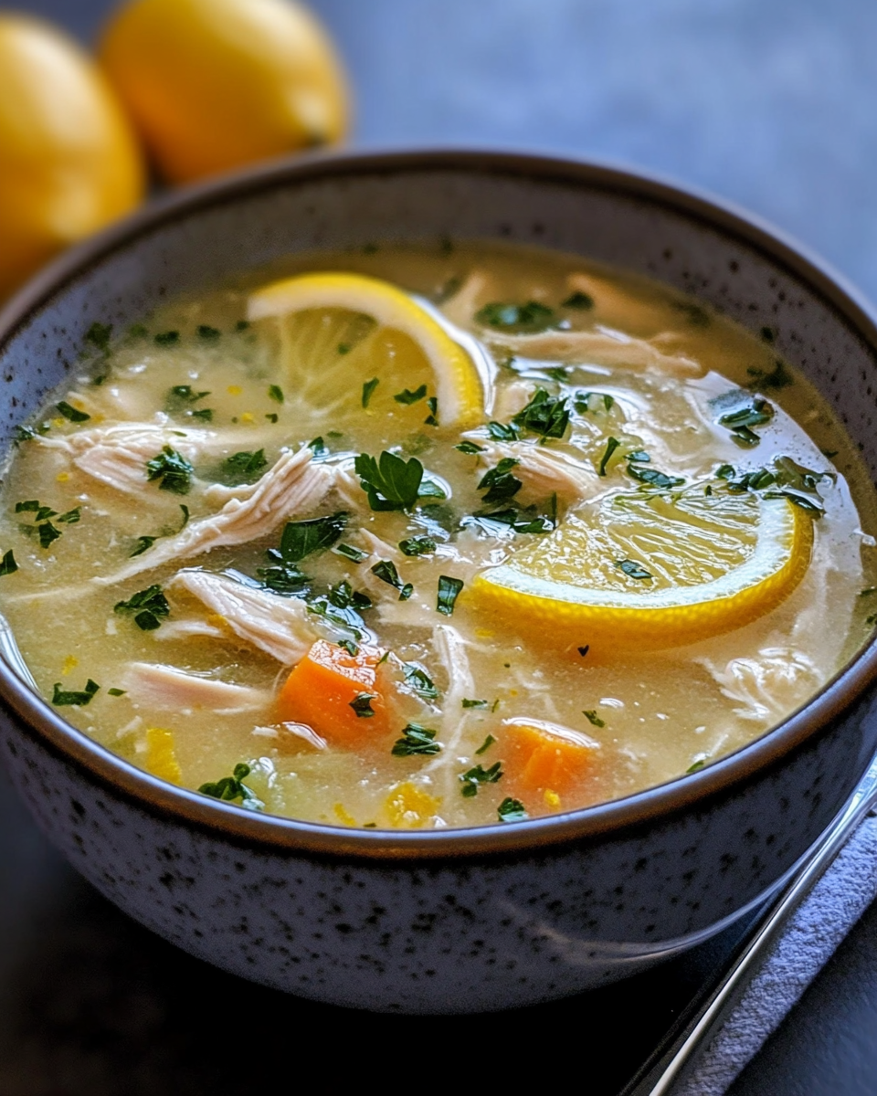 Greek lemon chicken soup in bowl with spoon and fresh dill
