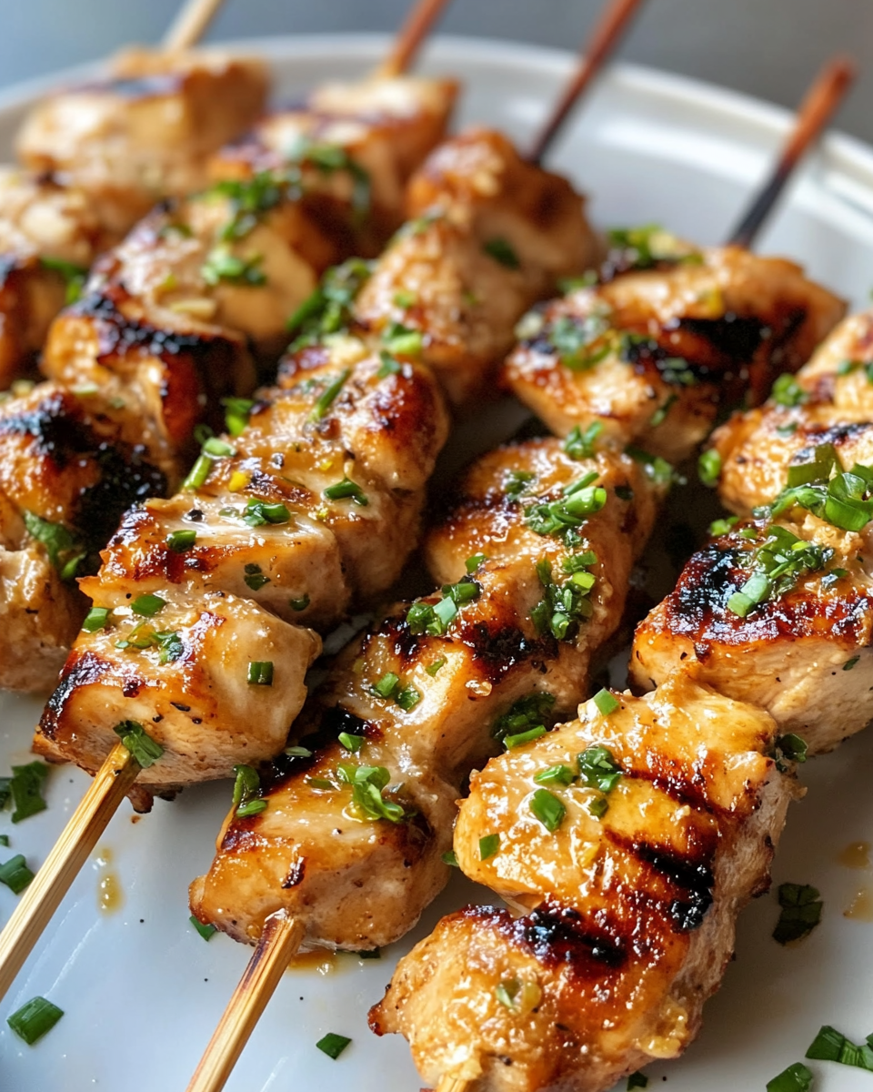 Plated grilled Thai coconut chicken skewers meal with rice and garnish