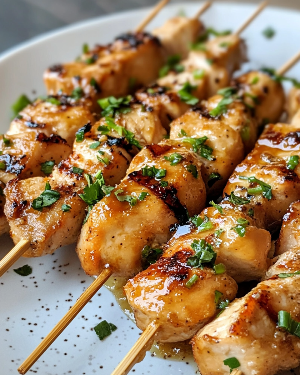 Close up of grilled Thai coconut chicken skewers on a rack
