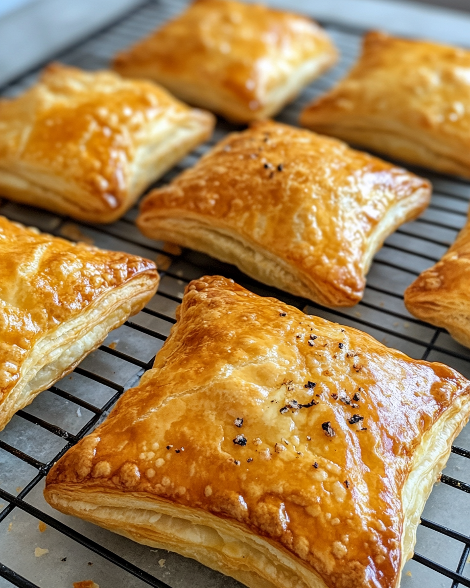 Baking sheet with golden ham and cheese puff pastries