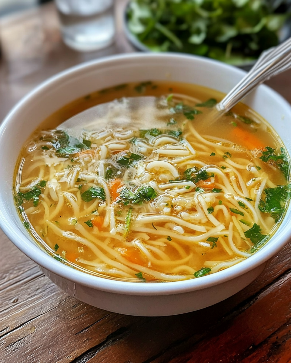 Final bowl of healing ginger garlic broth with rice noodles and garnish