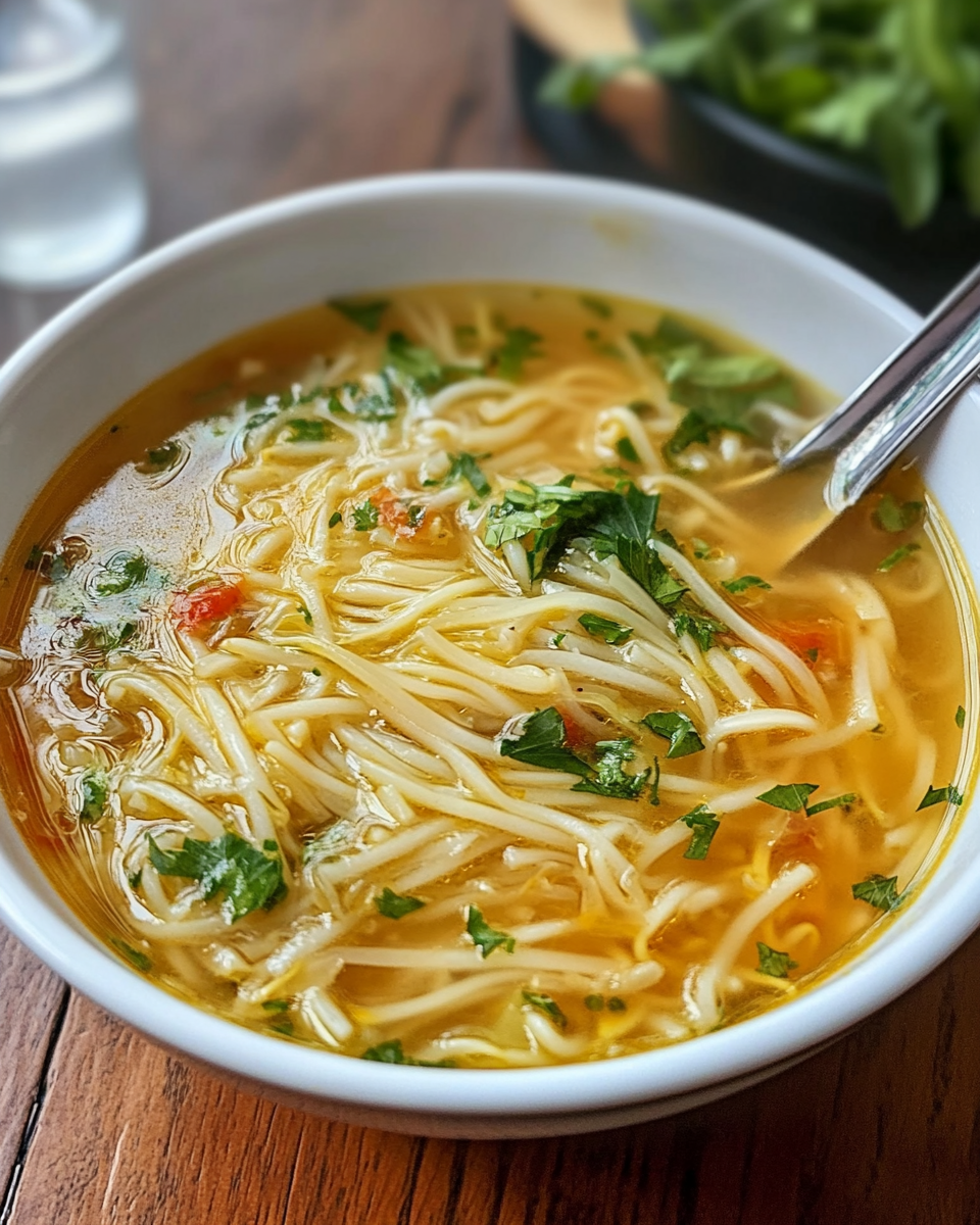 Healing ginger garlic broth with rice noodles in a bowl