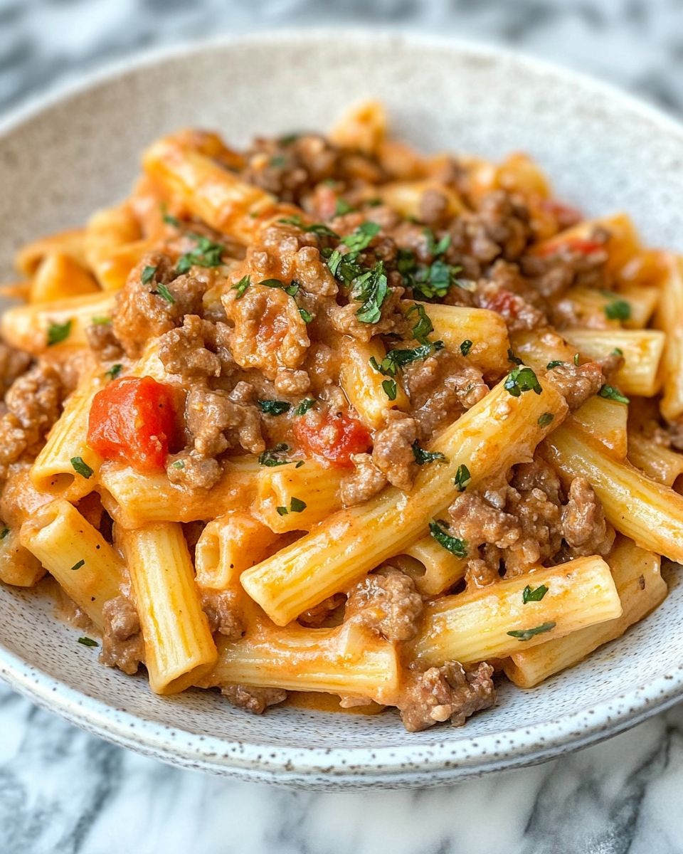 Preparing creamy chicken pasta in skillet
