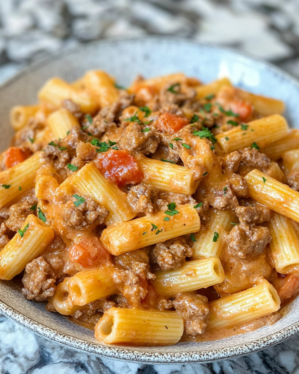 Plated creamy chicken pasta garnished with green onions