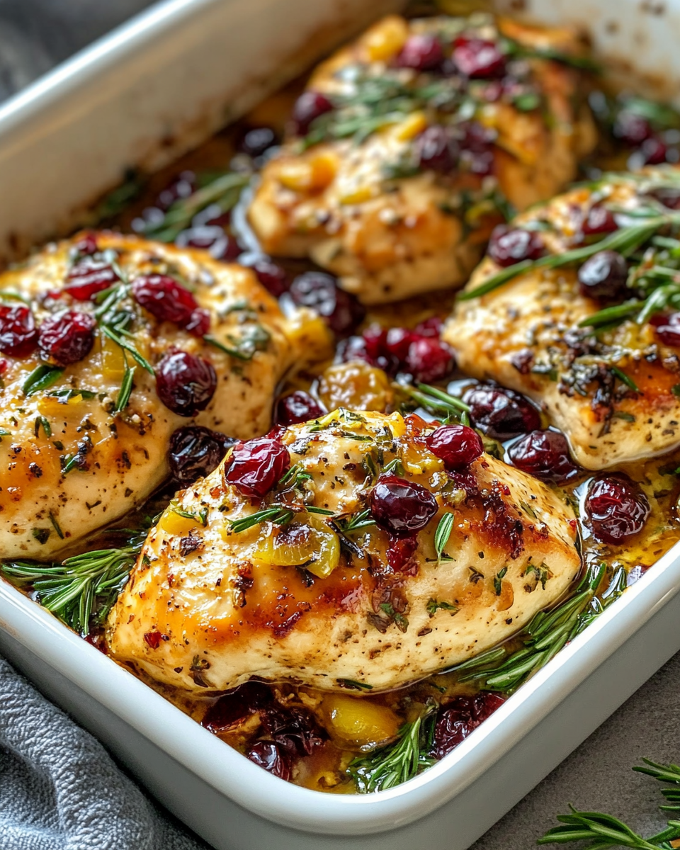Honey cranberry chicken bake with ricotta cheese in baking dish