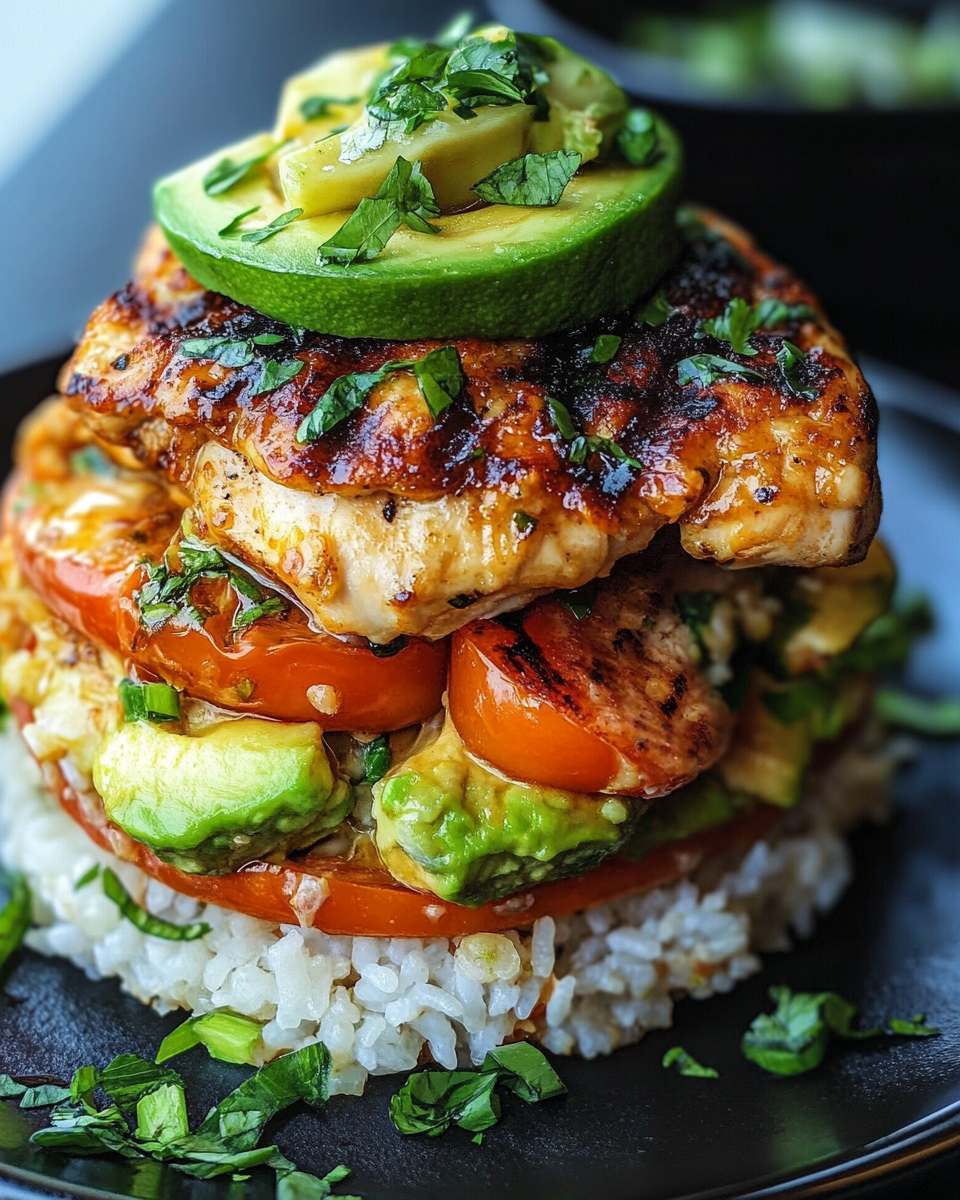 Close-up of Honey Lime Chicken & Avocado Rice Stack layers