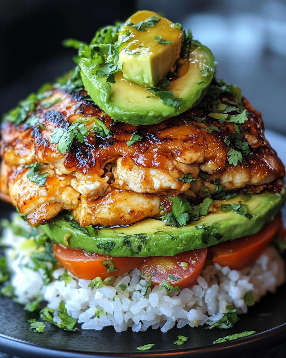 Honey Lime Chicken & Avocado Rice Stack plated and ready to eat