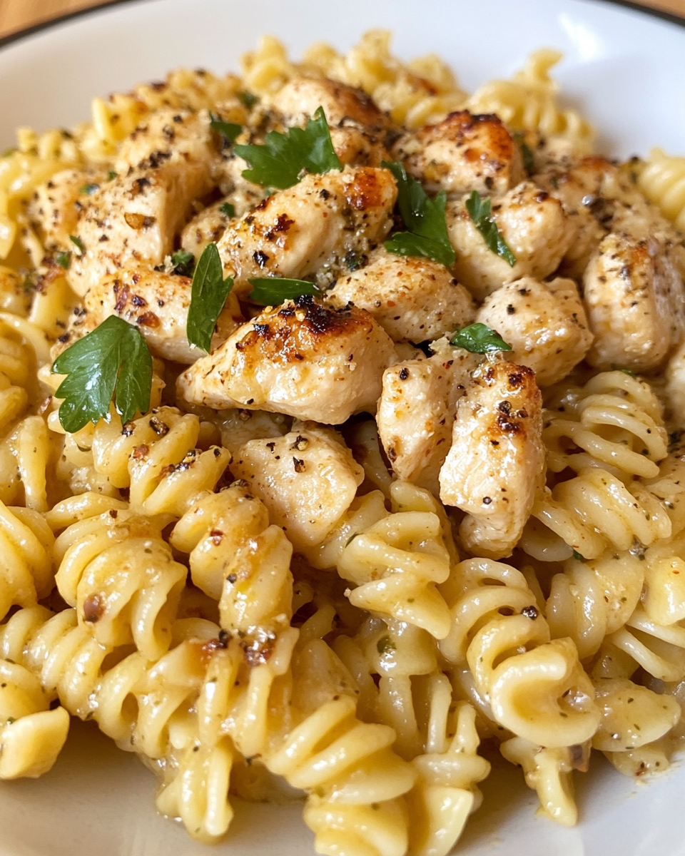 Close up of honey pepper chicken pasta plated with fresh basil