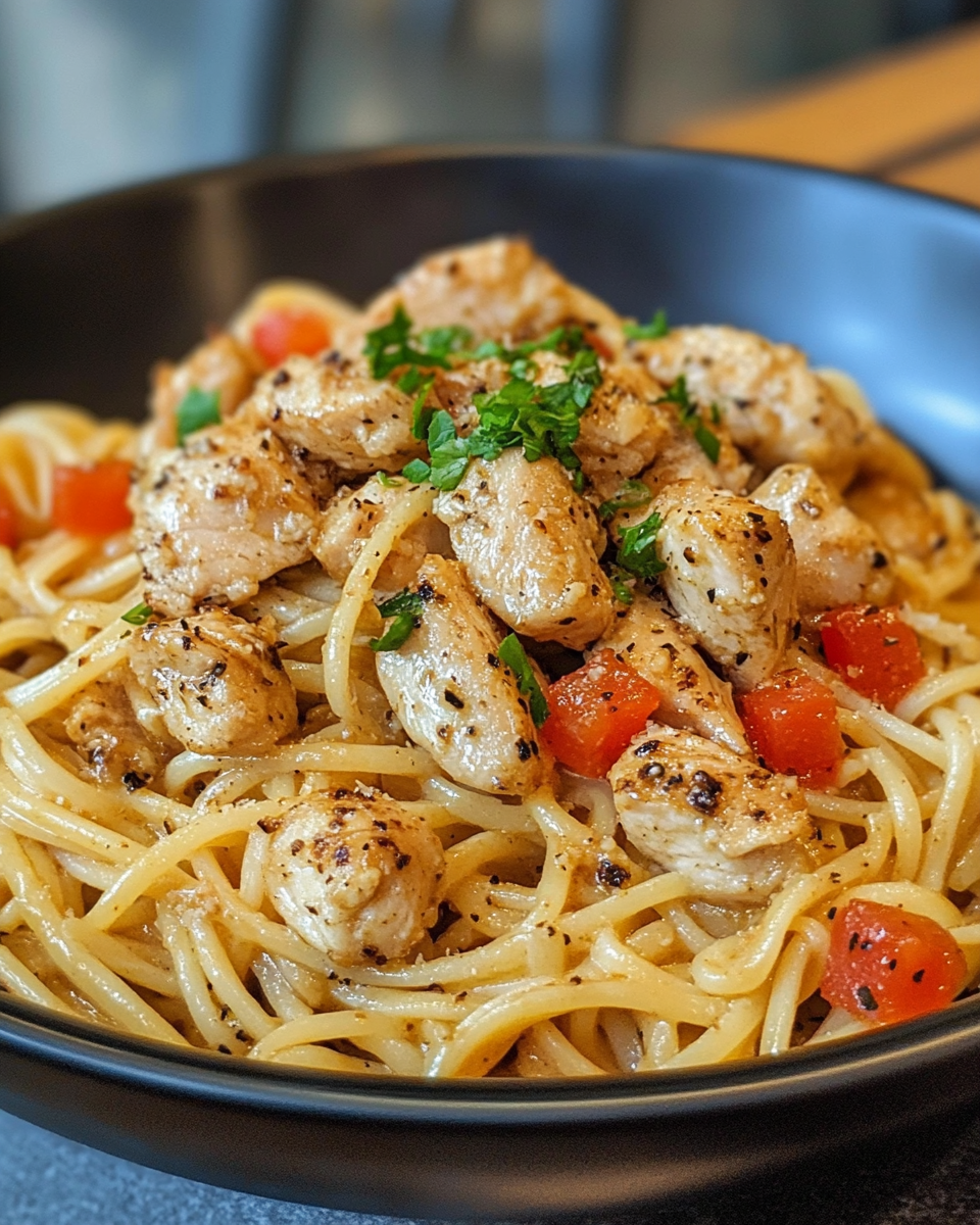 Cooking honey pepper chicken pasta in skillet