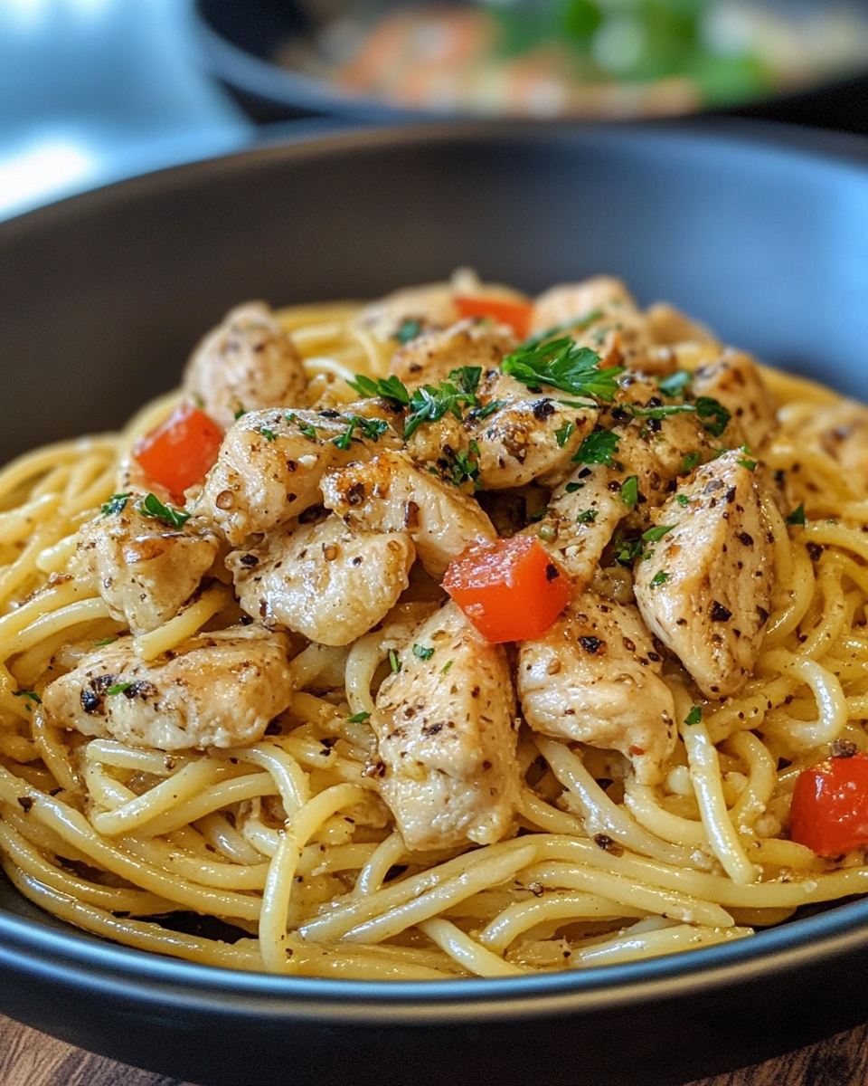 Plated honey pepper chicken pasta with basil and parmesan