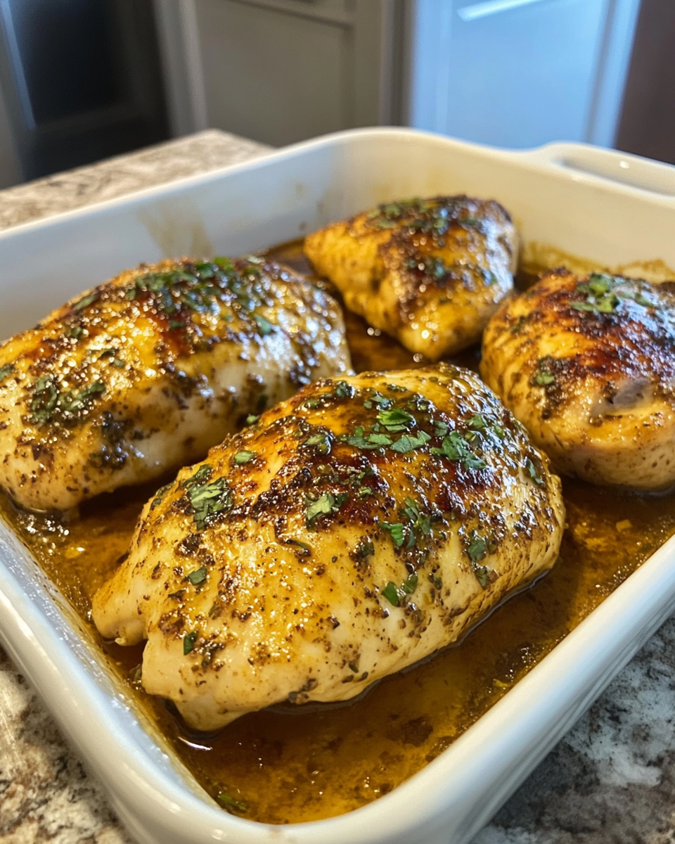 Finished hot honey baked chicken with honey glaze and herbs