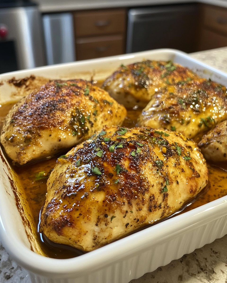 Hot honey baked chicken breasts in a baking dish