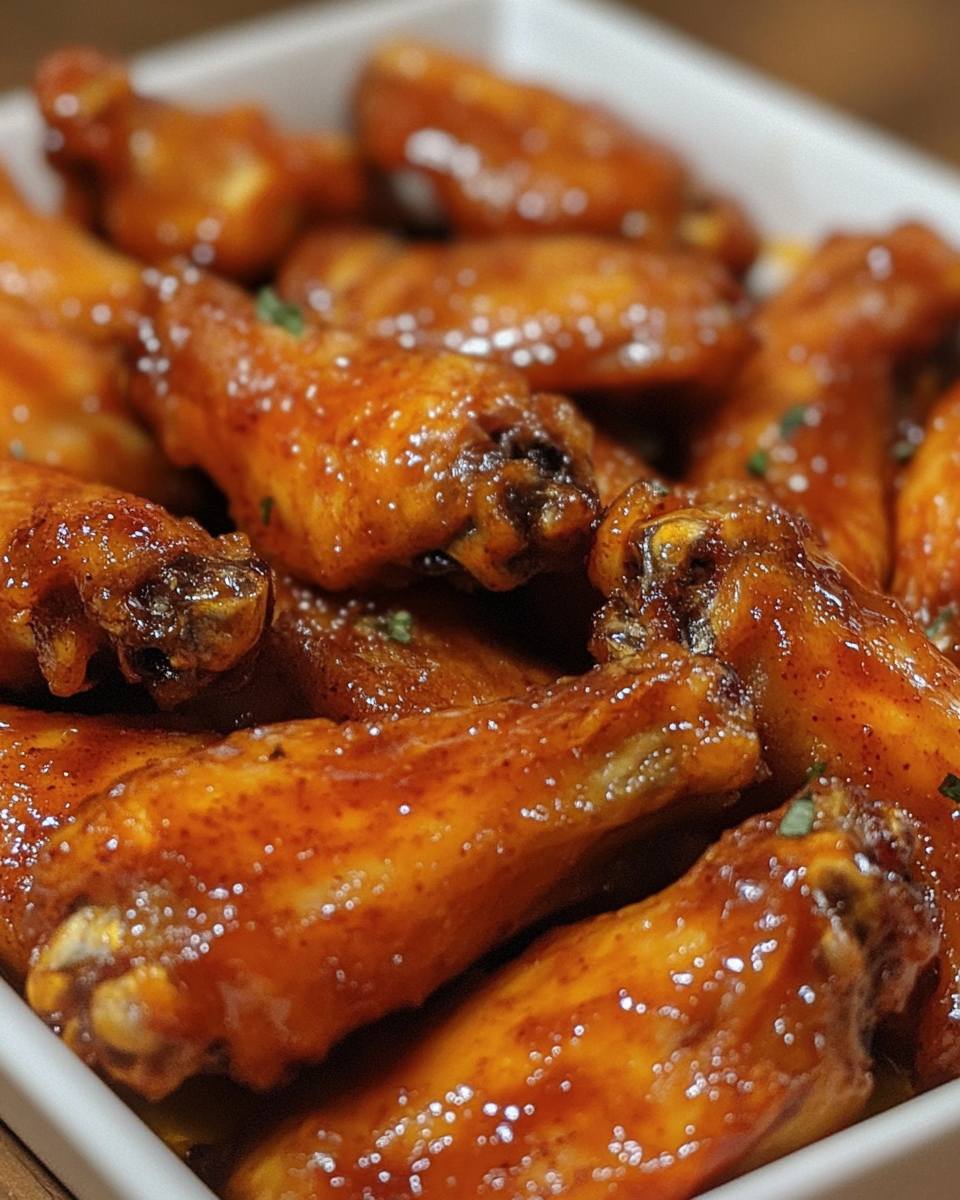Hot honey peach wings in a bowl