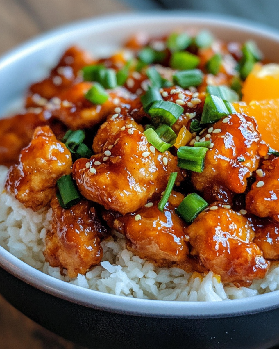 Sizzling orange chicken sauce cooking in skillet