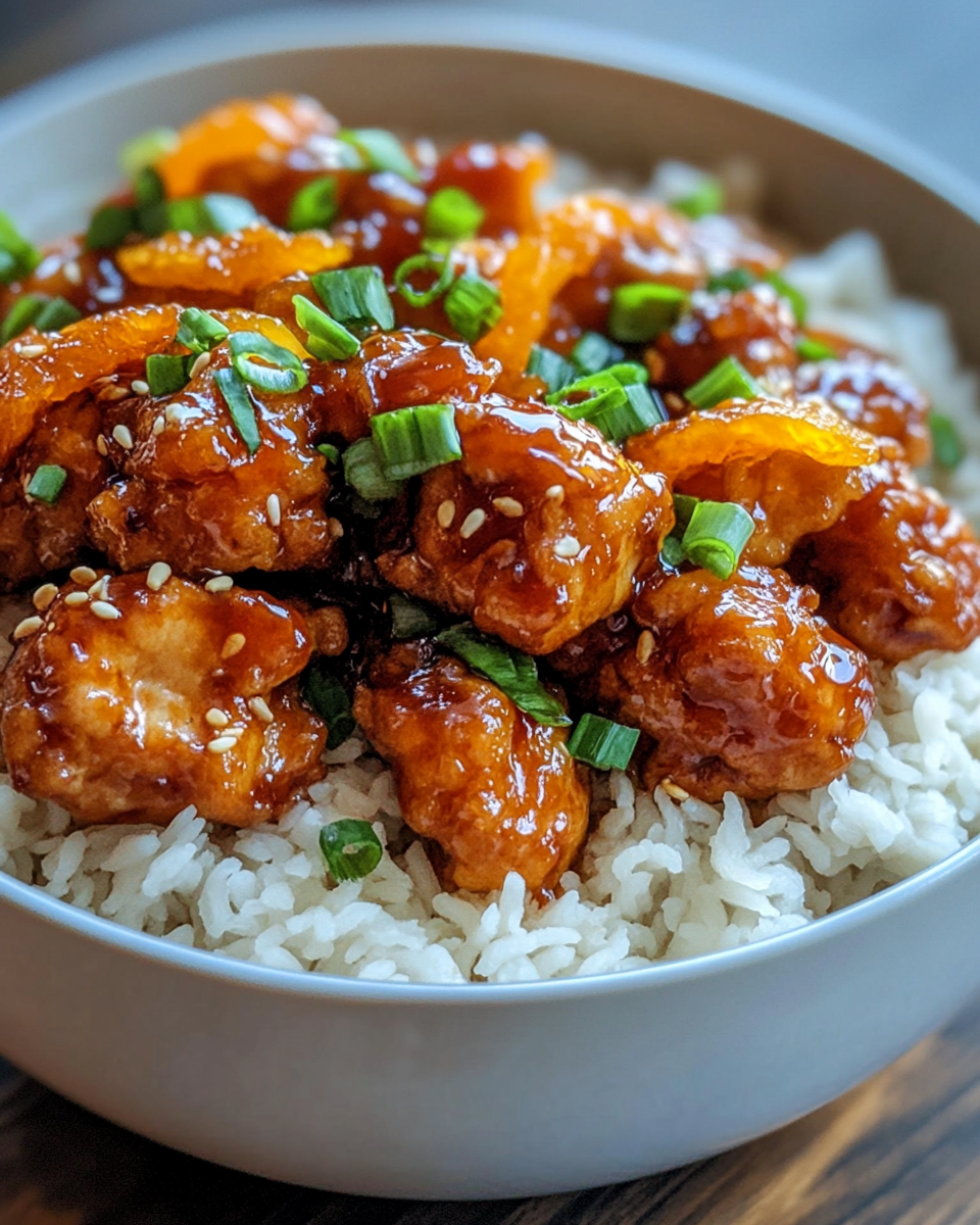 Orange chicken with green onion garnish ready to eat