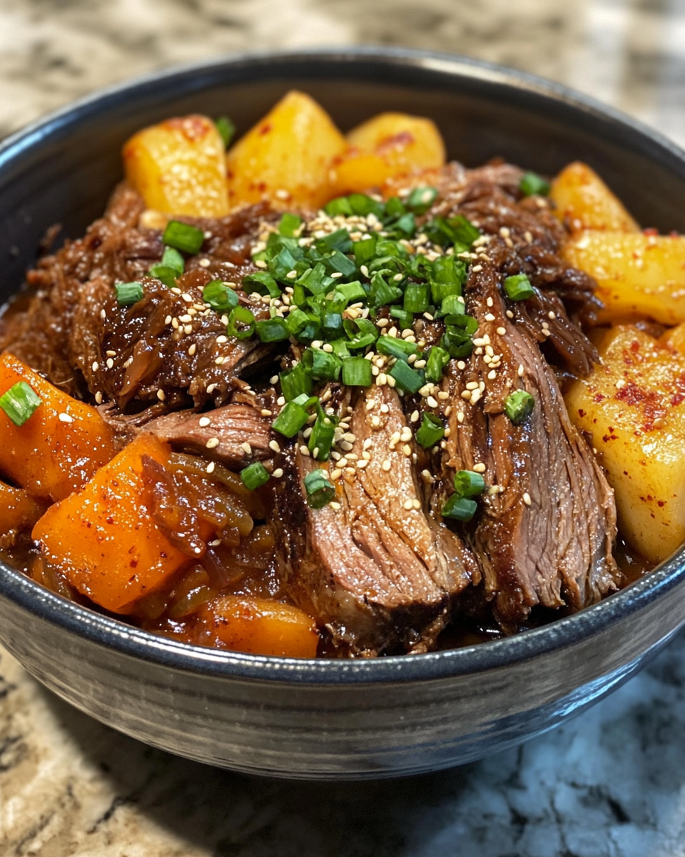Finished Korean pot roast with crispy soy glazed potatoes