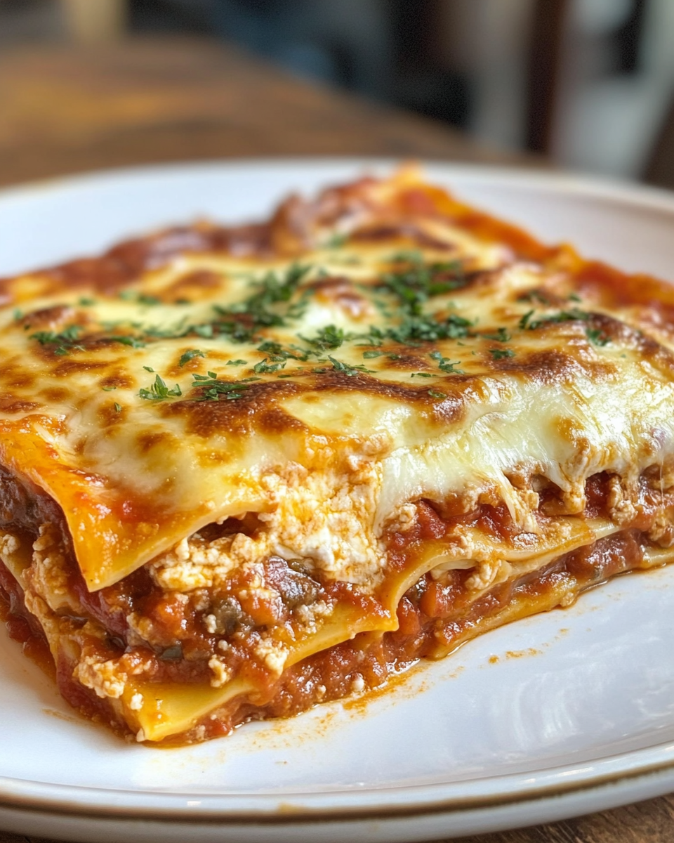 Layers of meat sauce, ricotta mix, and mozzarella cheese