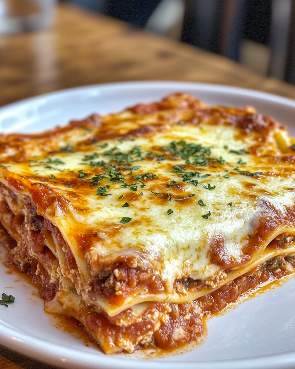 A golden bubbly top crust of melted mozzarella on lasagna