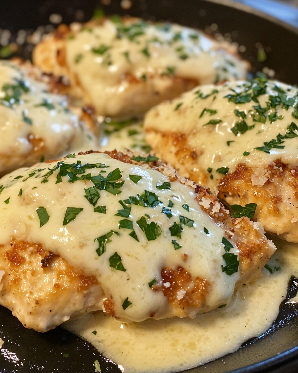 Served chicken pillows with creamy sauce on plate