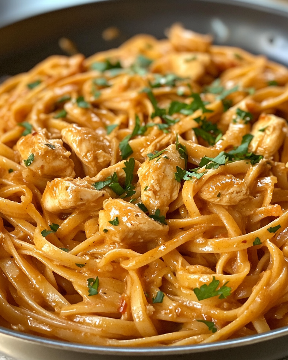 Creamy cowboy butter chicken linguine plated and ready to serve