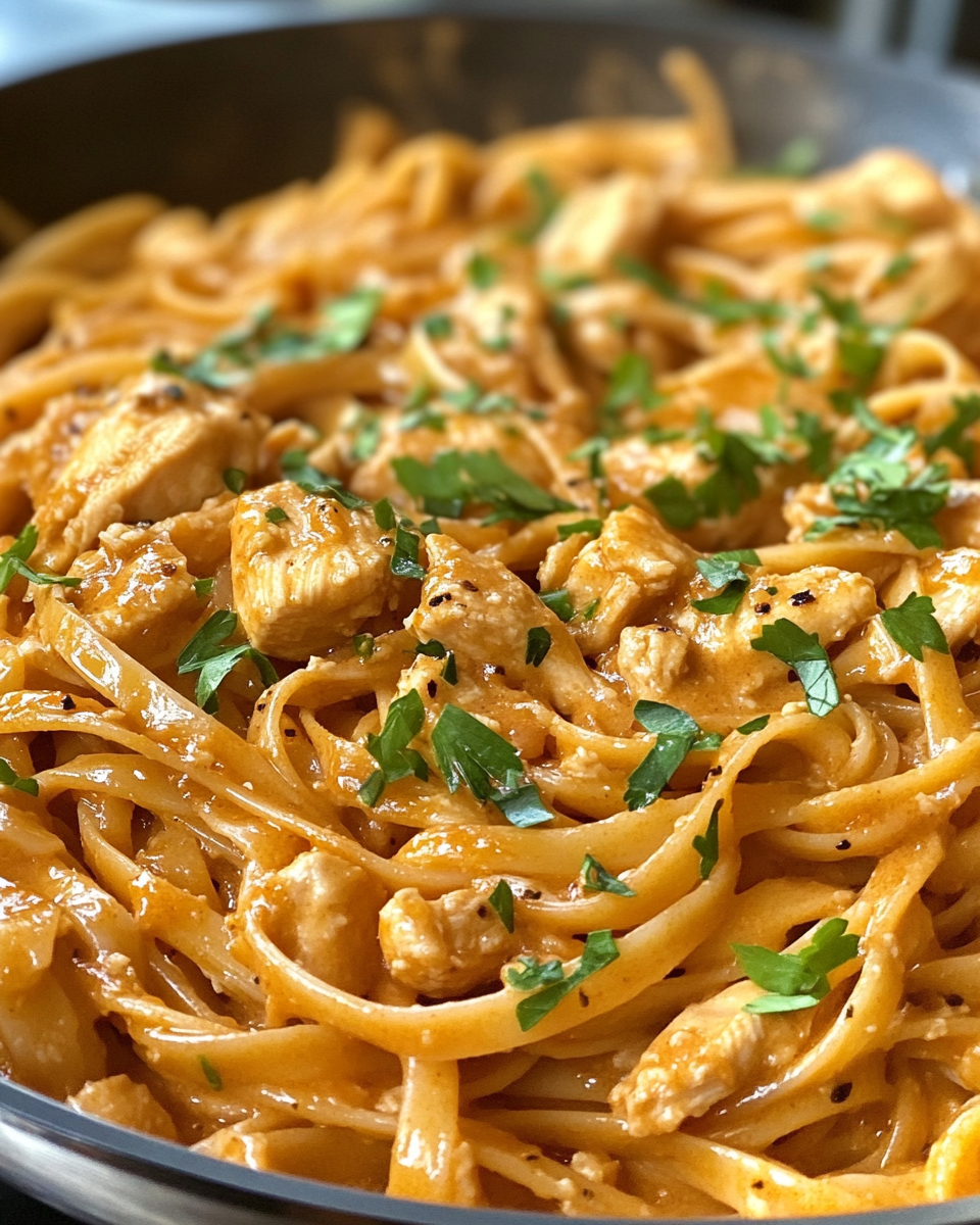 Close-up of creamy chicken linguine with a burst of lemon