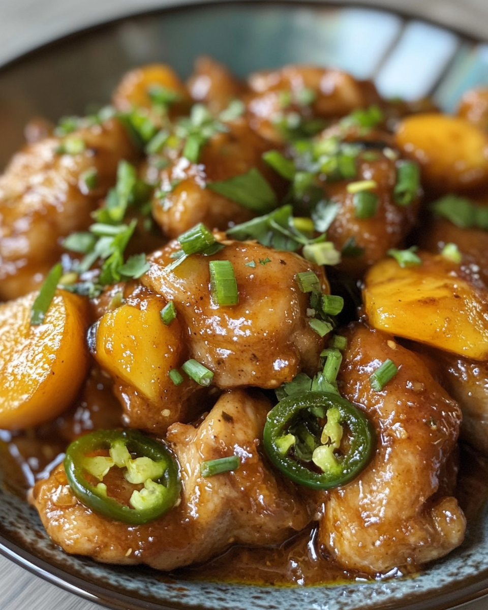 Baking dish with chicken thighs covered in peach and jalapef1o sauce