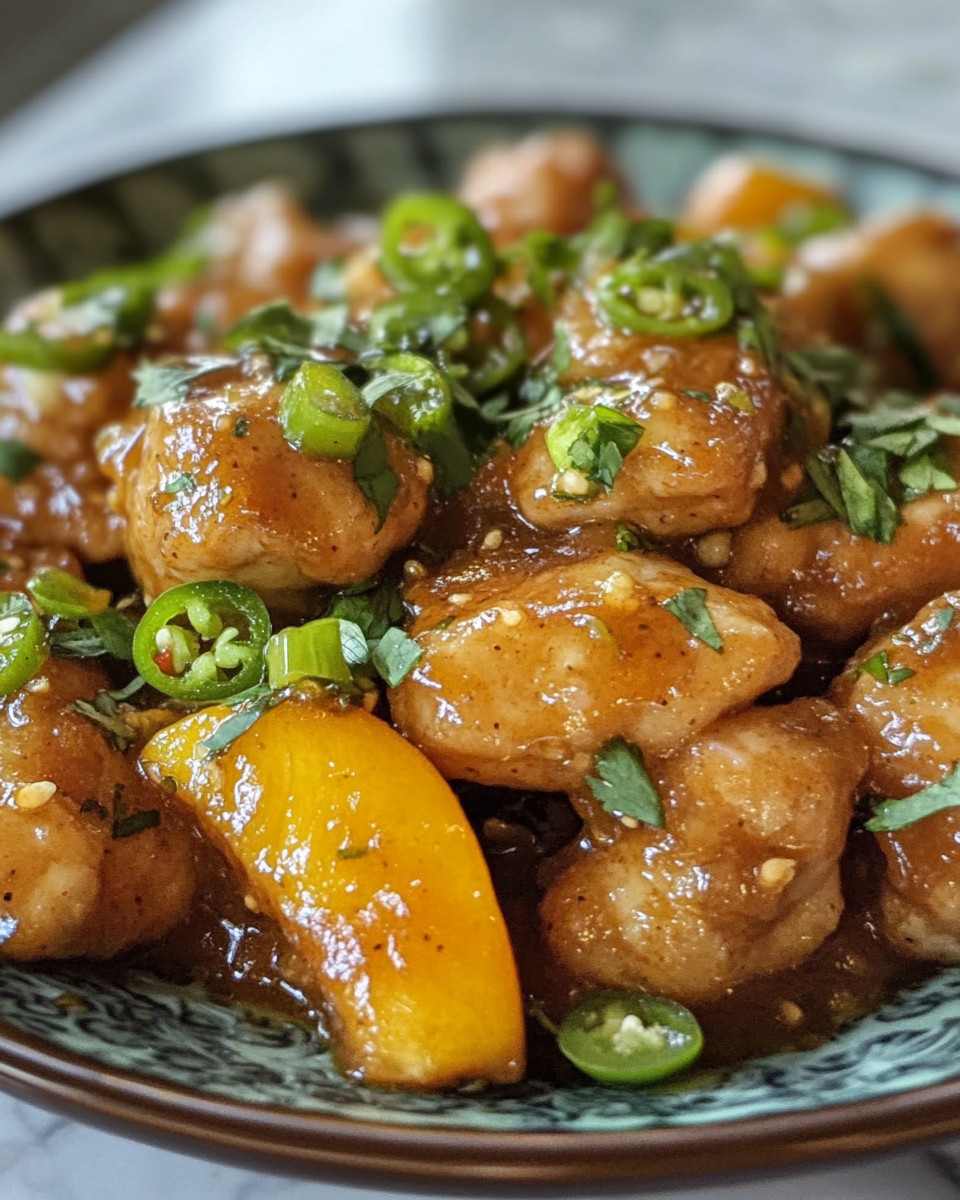 Plate of cooked chicken with peach slices and jalapef1os