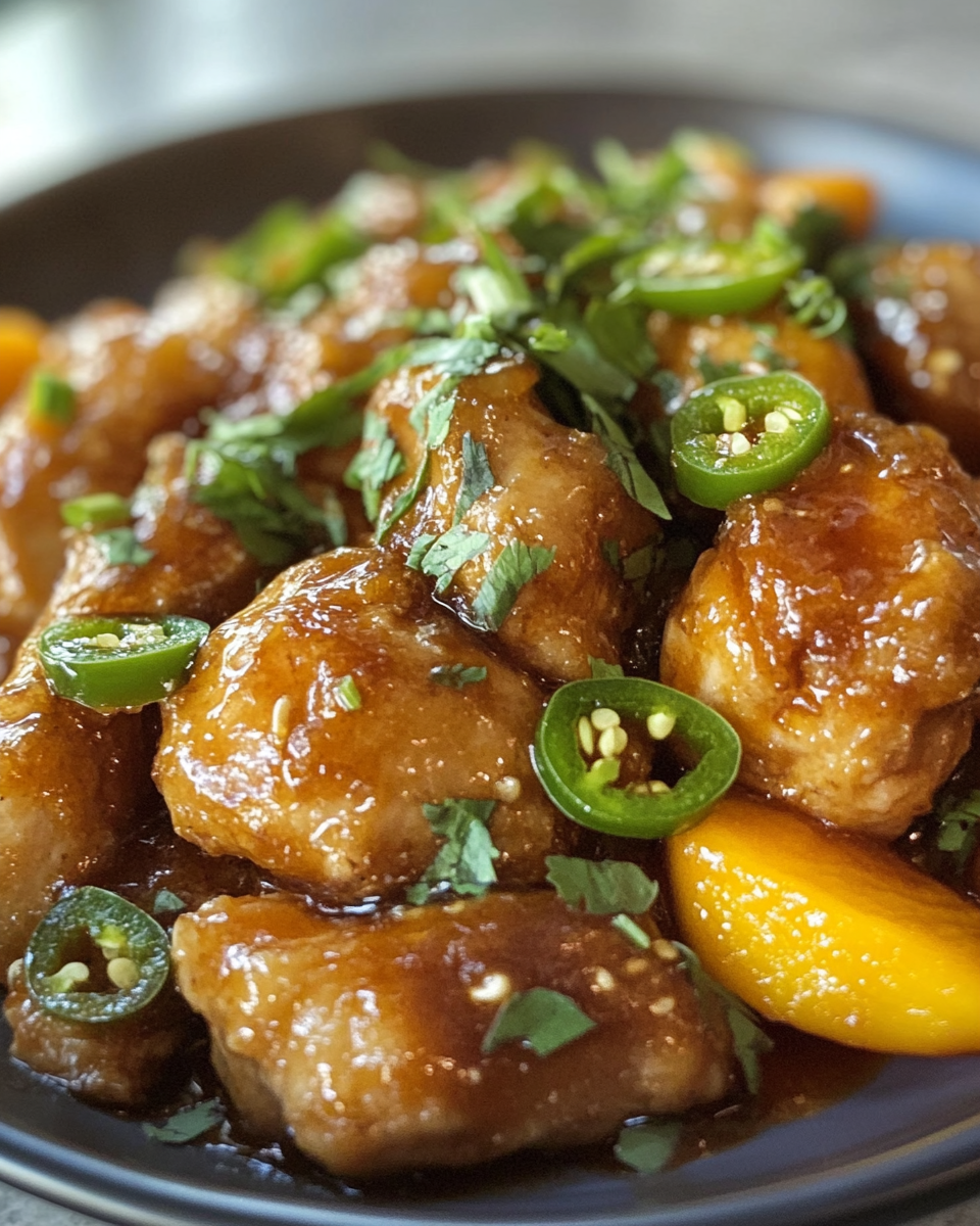Close-up of jalapef1o peach chicken dish