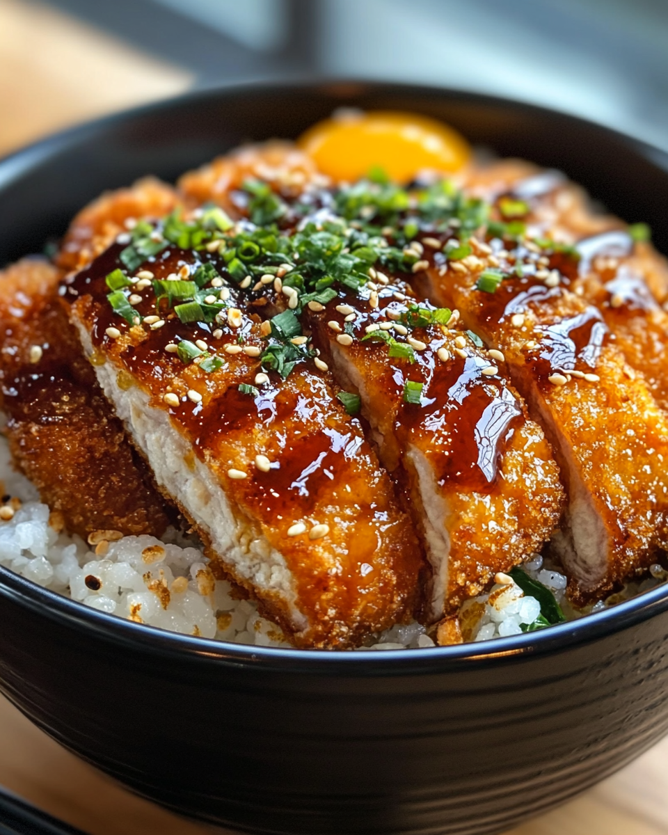 Final katsu bowl served with sauce and garnish