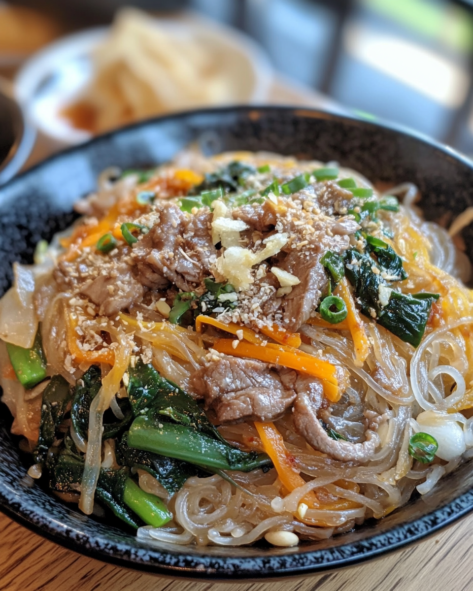 Close up of Japchae stir-fry with veggies and beef in a pan