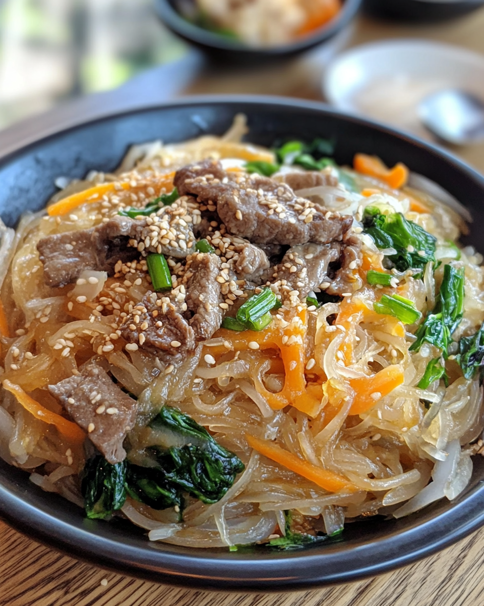 A bowl of Japchae ready to serve with colorful veggies and noodles