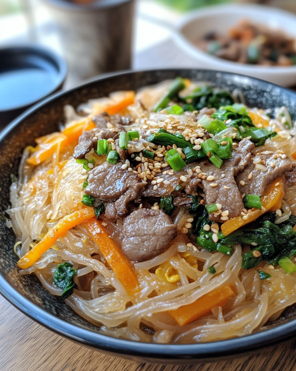Japchae dish showing noodles and beef with vegetables
