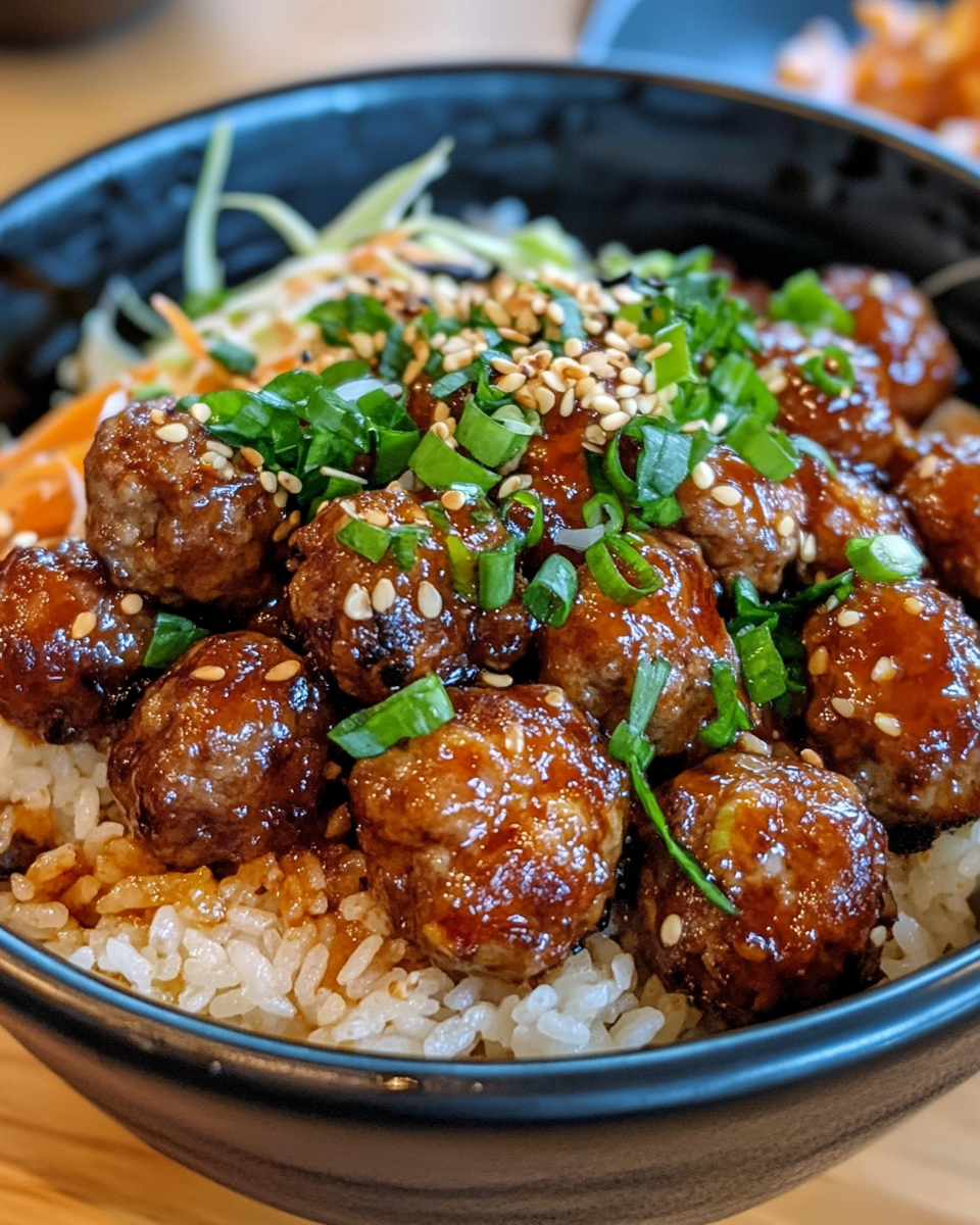 Glazed Korean BBQ meatballs served over rice