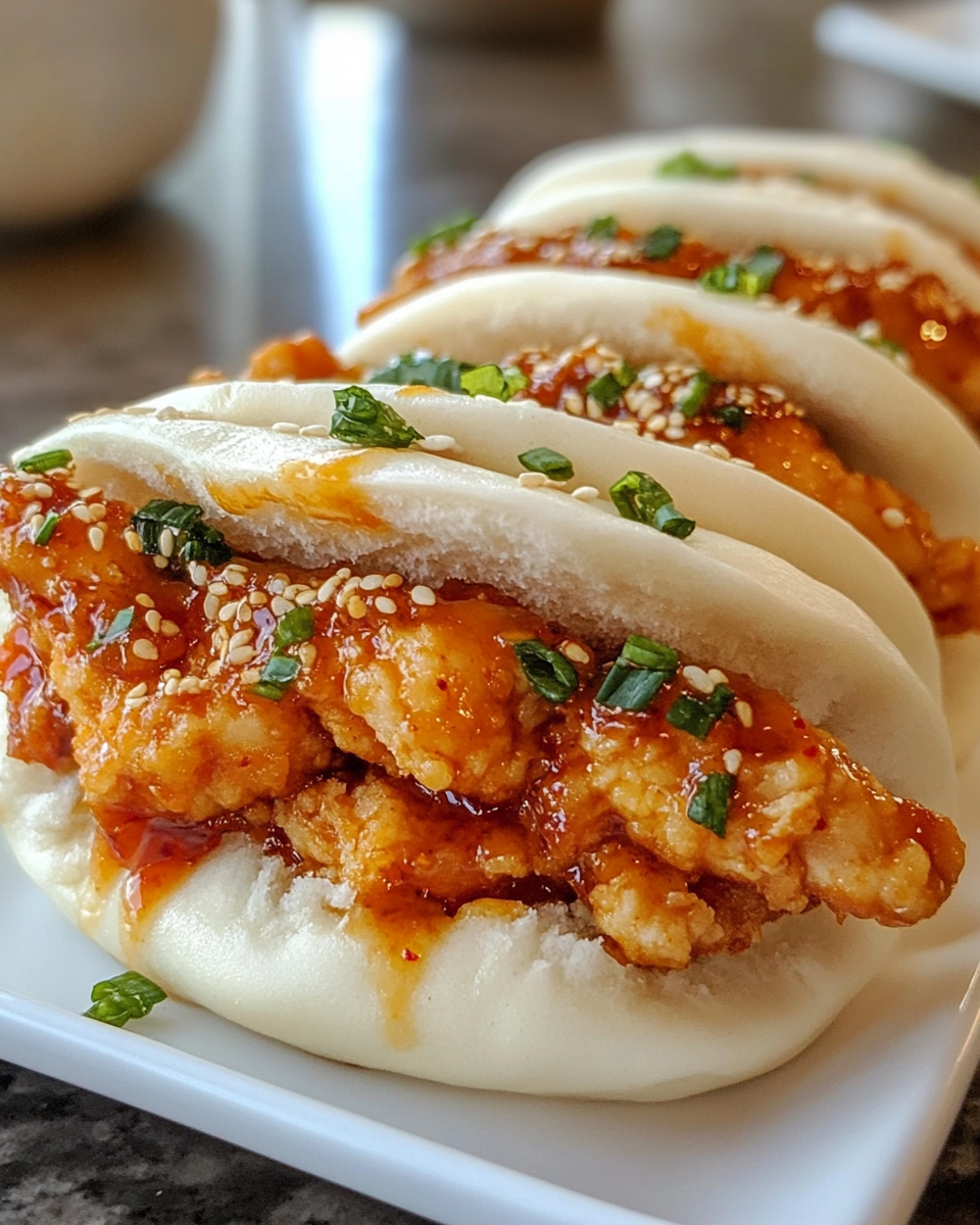 Assembled Korean chicken bao bun served with toppings