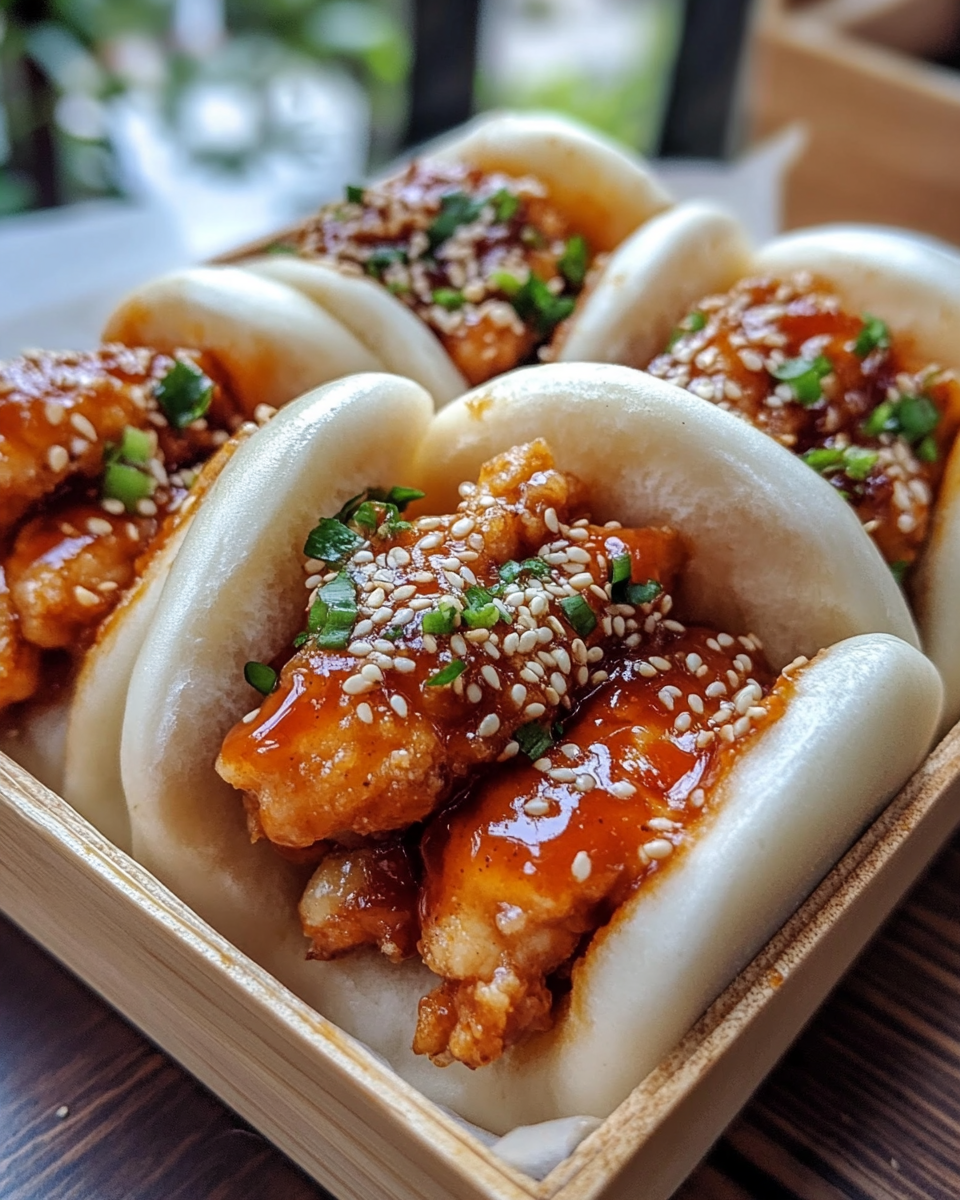 Korean Chicken Bao buns with gooey spicy glaze