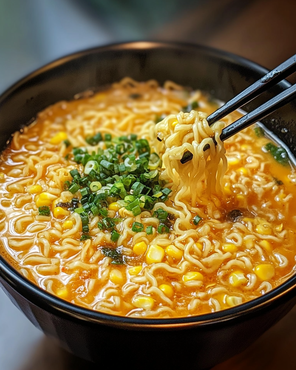 Finished Korean corn cheese ramen dish