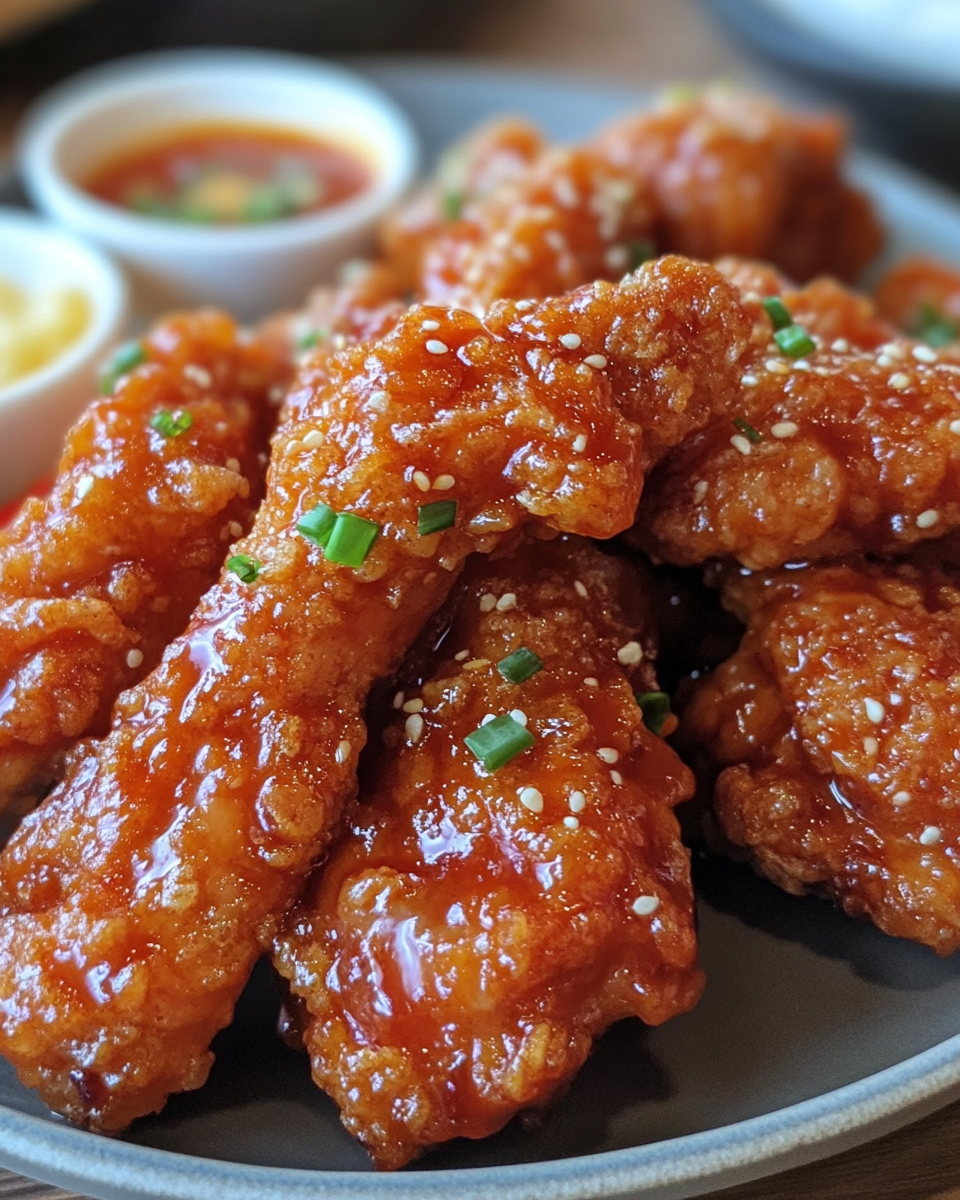Plated Korean fried chicken with garnish