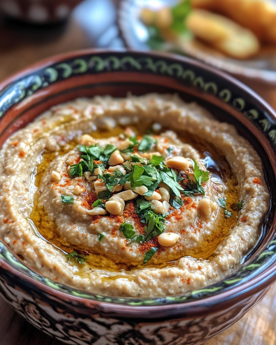 Baba Ghanoush served with pita chips and garnishes on wooden board
