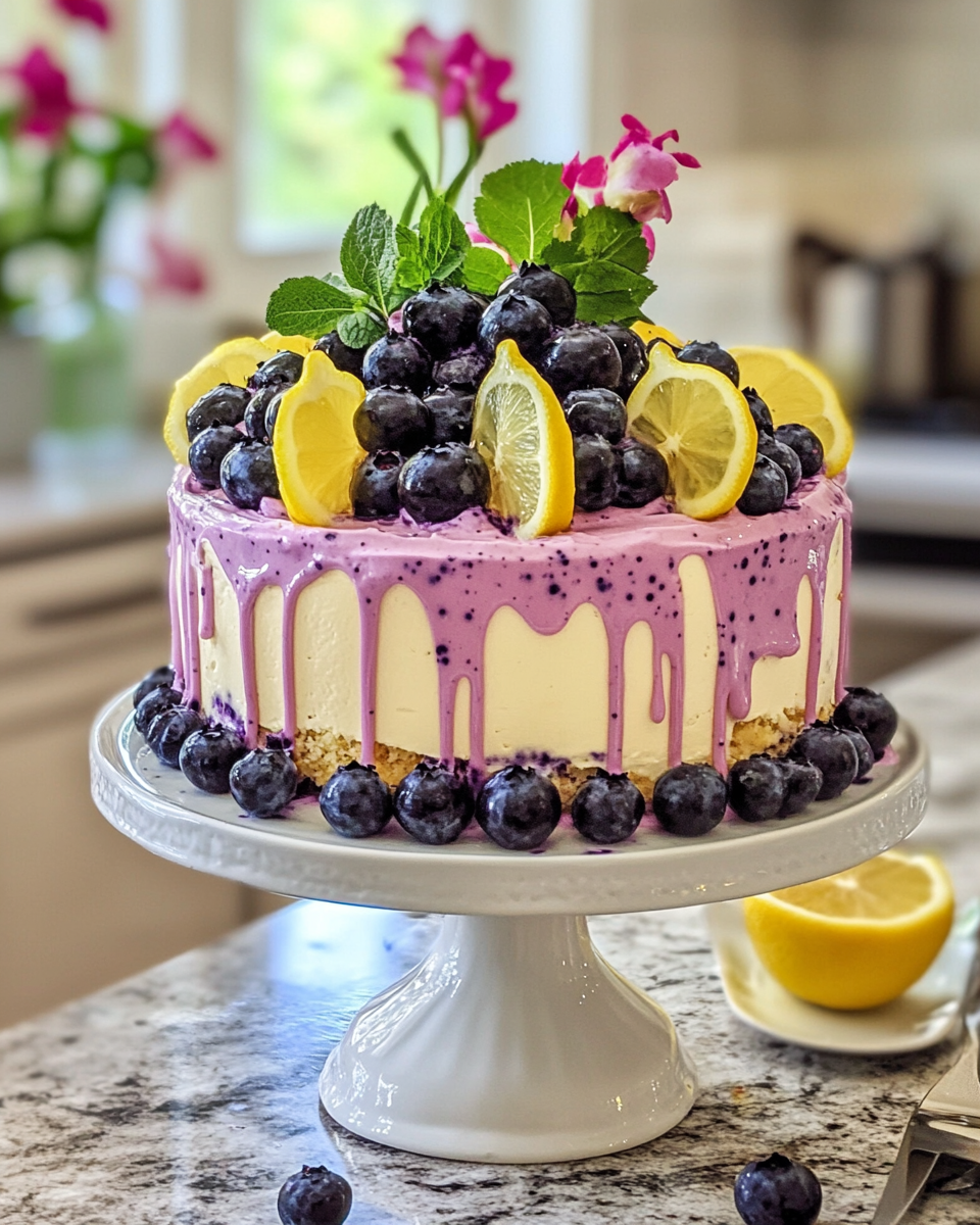 Lemon blueberry cheesecake in a springform pan