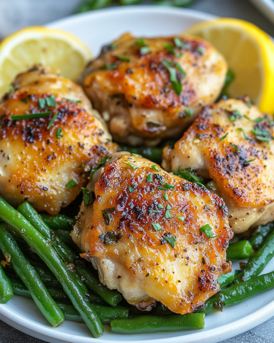 Close up of cooked lemon garlic butter chicken thighs with green beans