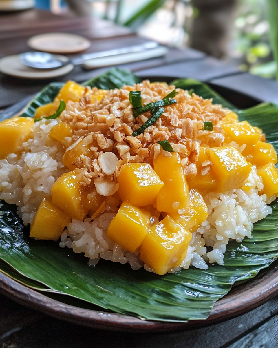 Closeup of mango sticky rice dessert with coconut milk drizzle