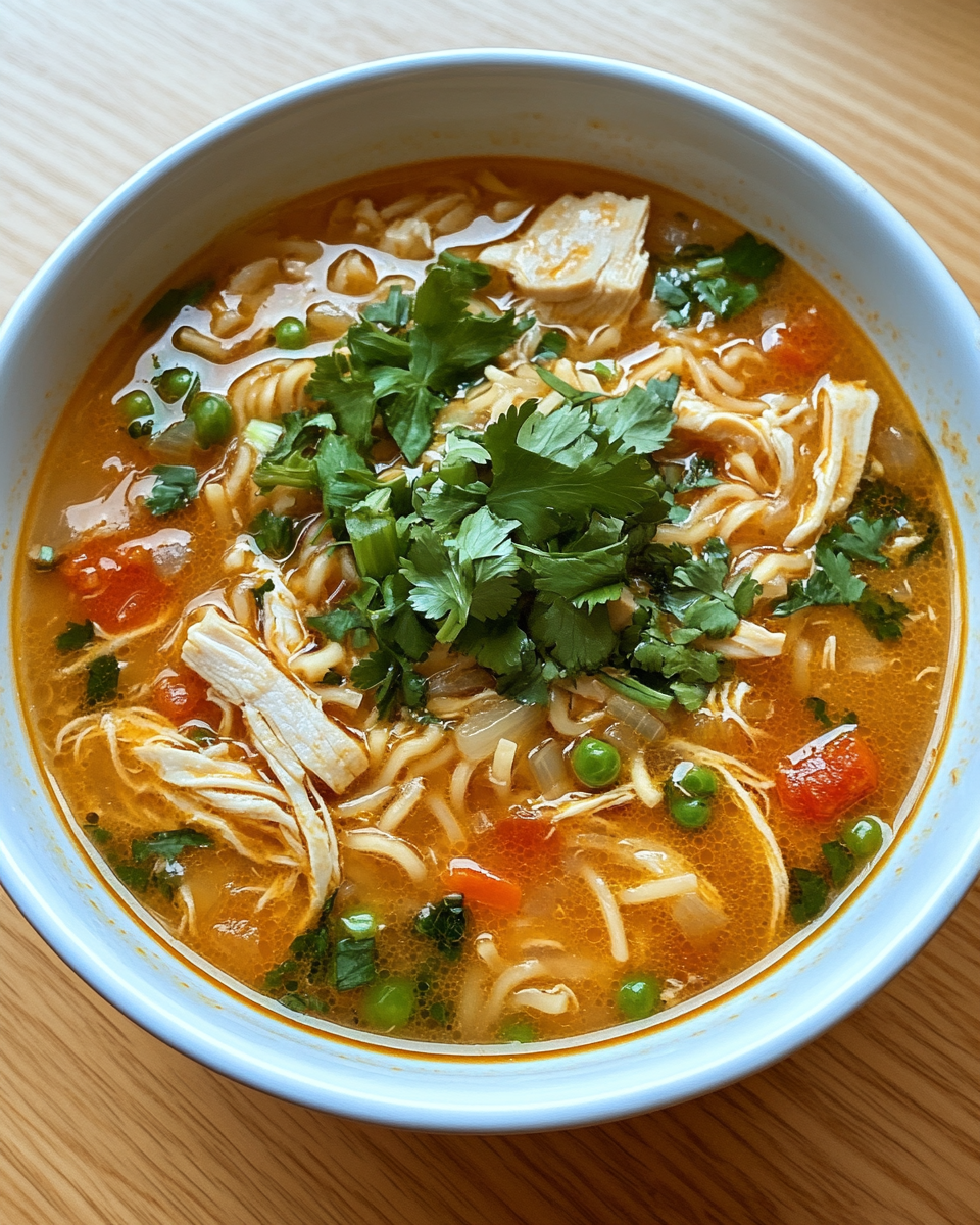 Bowl of creamy chicken soup with parmesan topping